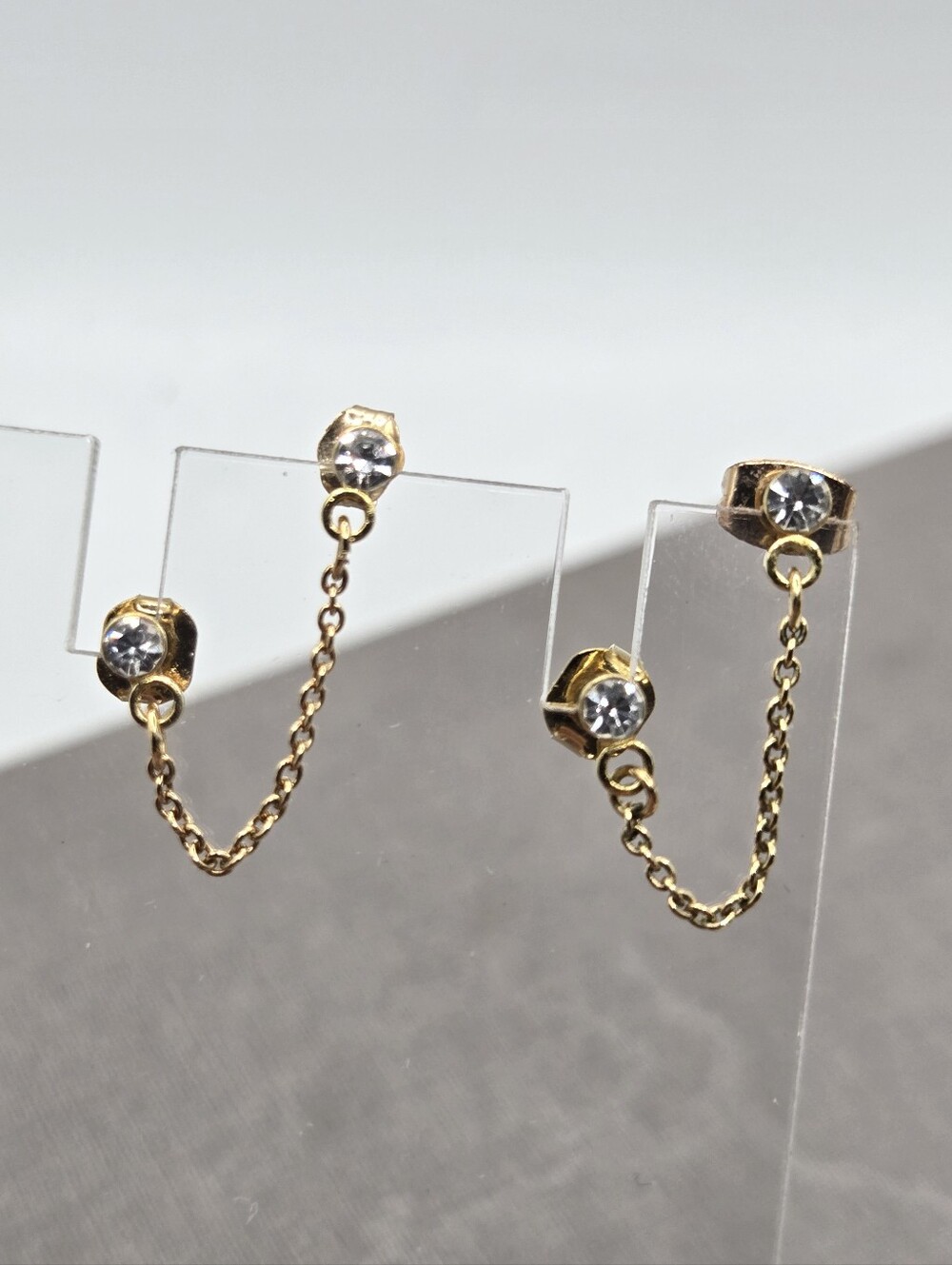 double piercing Stud earrings chain dainty Connected Gold-tone CZ Industrial
